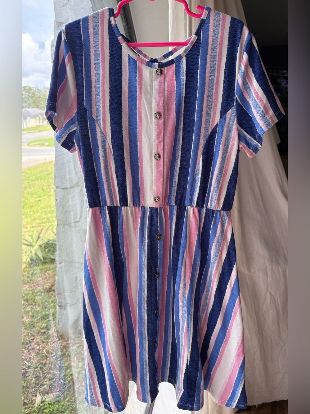 Girls Striped Button-Front Summer Dress in Blue, Pink & White